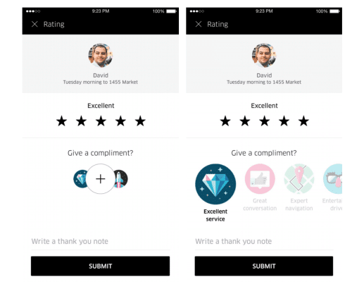 Snapshot of in-app feedback on Uber