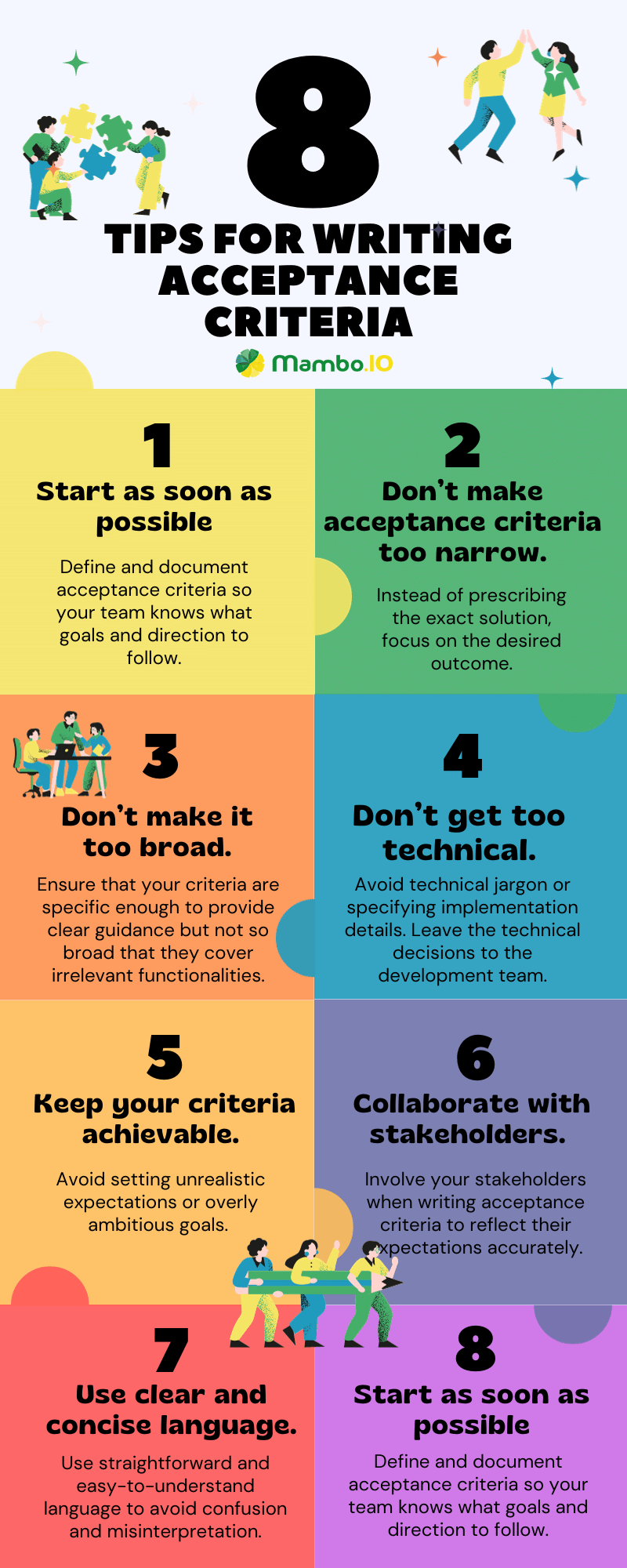 An infographic showing 8 tips for writing acceptance criteria.