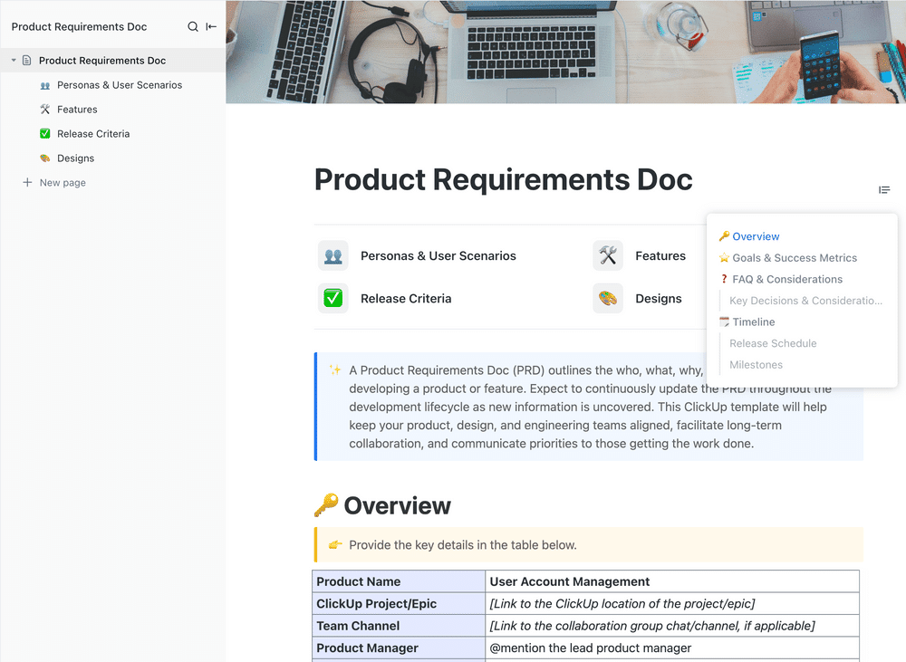 ClickUp Product Requirements Document Template