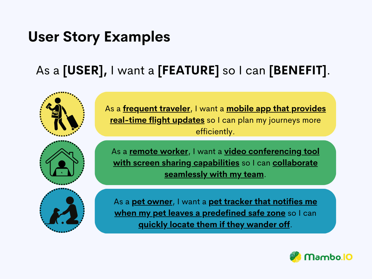 Some examples of user stories for acceptance criteria.