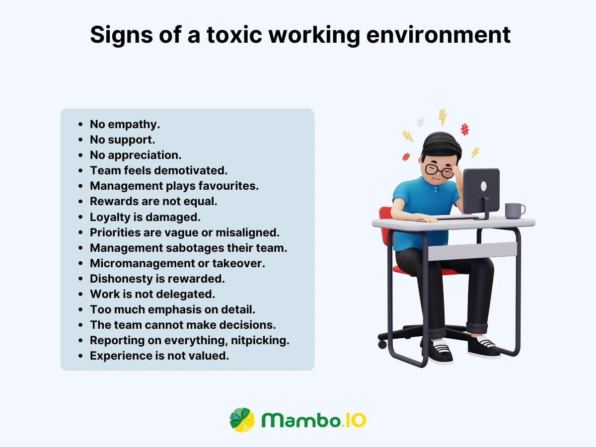 An image listing the signs of a toxic working environment.