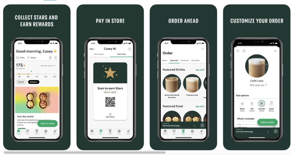 An image showing different features of the Starbucks app.