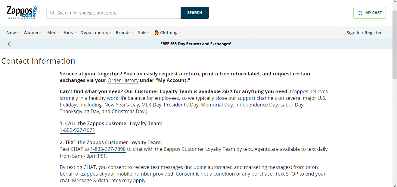 Zappos Customer Service Page