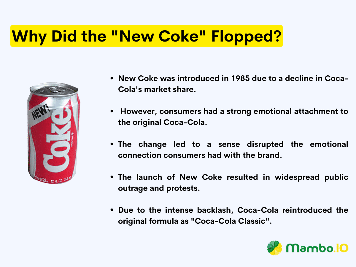 A list of points explaining why the New Coke's product launch failed.
