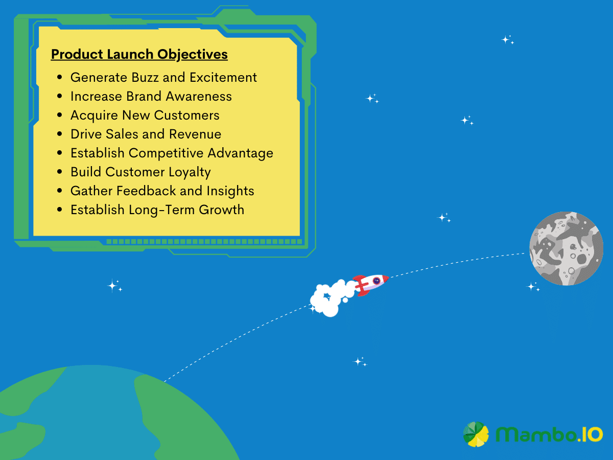 A rocket going to the moon with a product launch objectives.