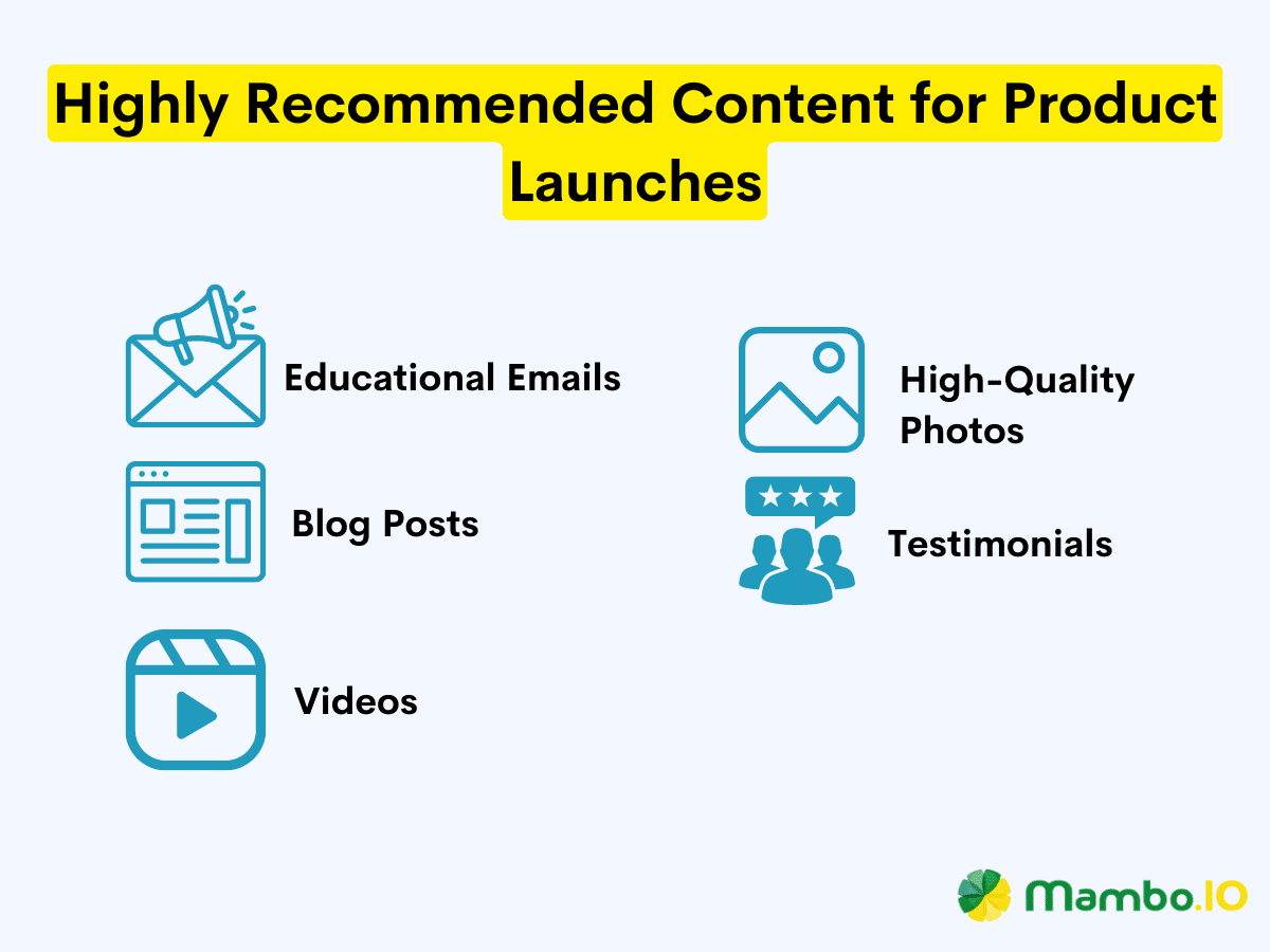 A list of ideal content to be used for a product launch