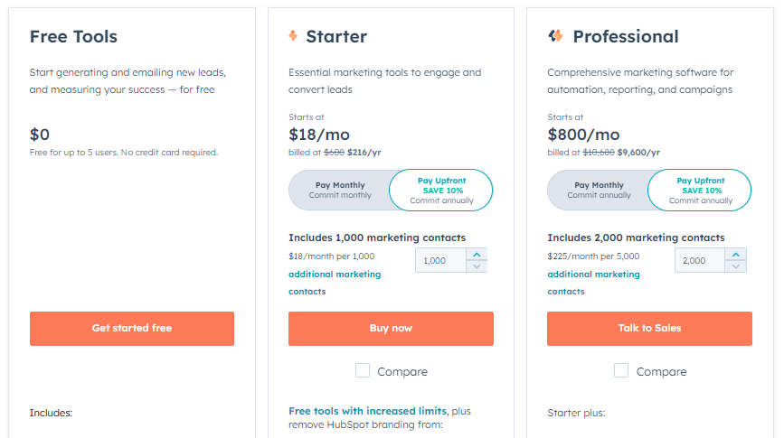 HubSpot Pricing Page